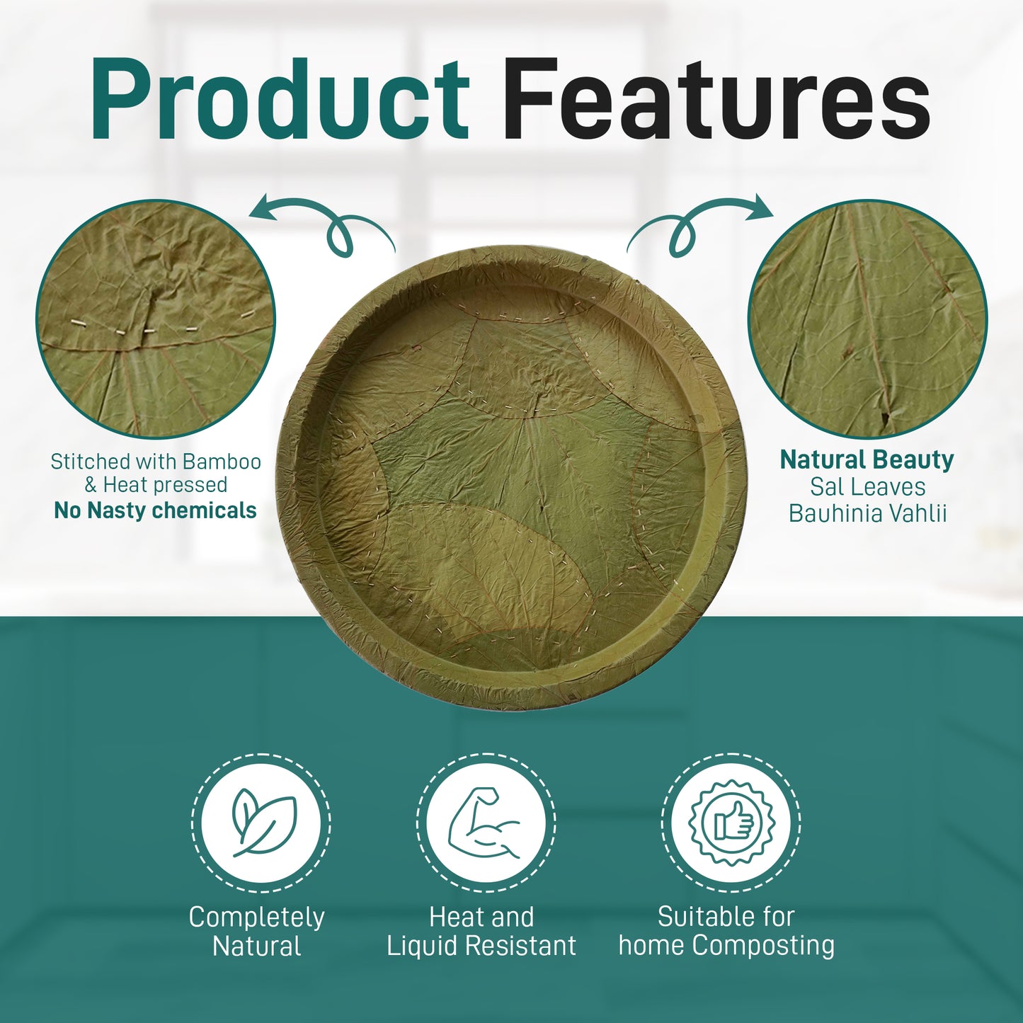 Eco-Friendly Vistaraku Leaf Plate Set - Siali (Bauhinia vahlii) and Palash Leaves | Biodegradable Disposable Plates for Parties, Weddings, BBQs & Traditional Events| Zero Waste | 16-inch Size | Pack of 25